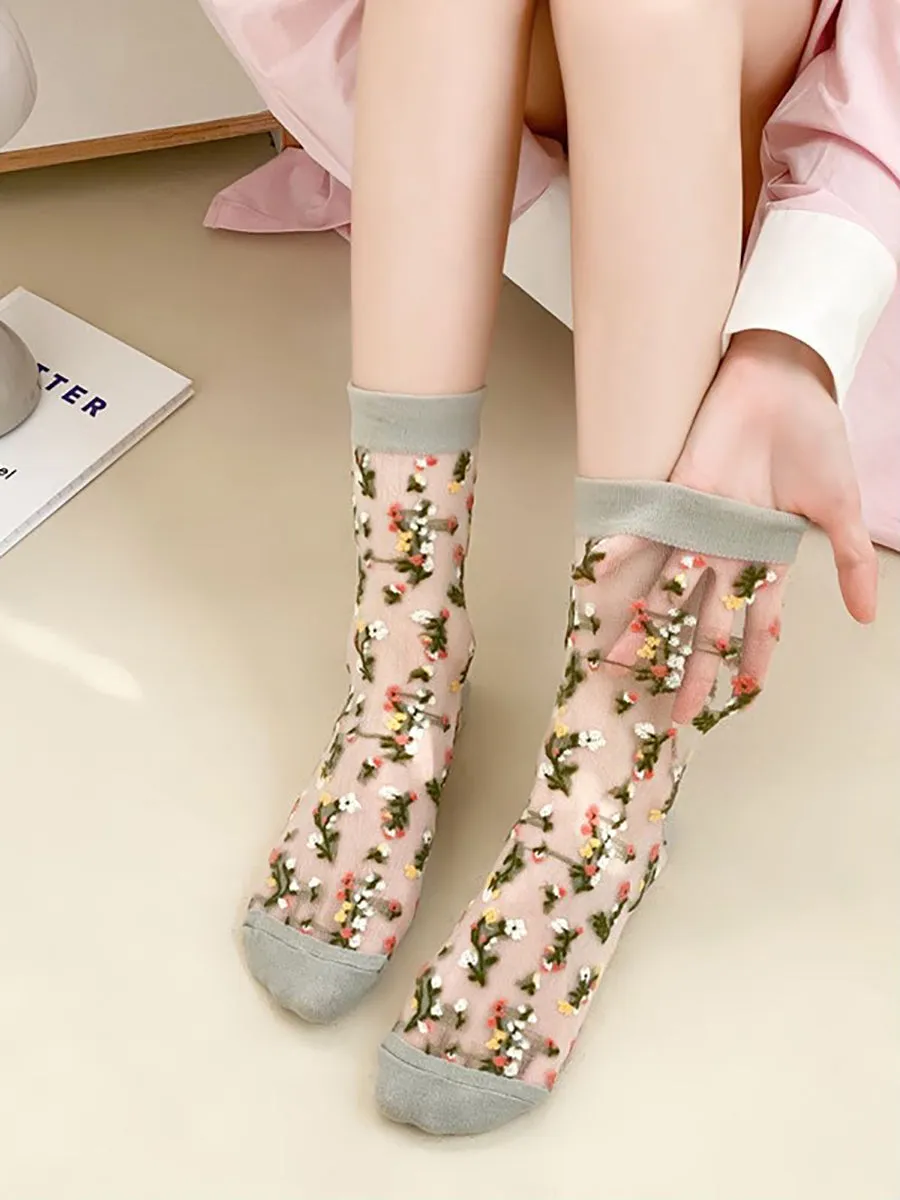 5 Pairs Women Summer Flower Jacquard Thin Socks