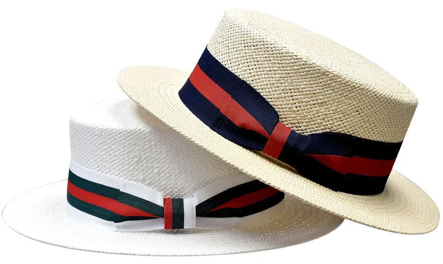 Bruno Capelo Men's White Summer Straw Hats Red and Green Strips Band