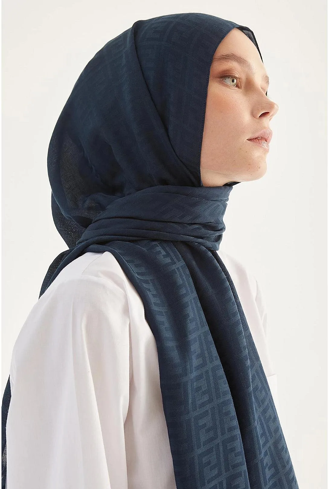 Cotton Hijab Scarf Shawl with Patterns - Navy Blue