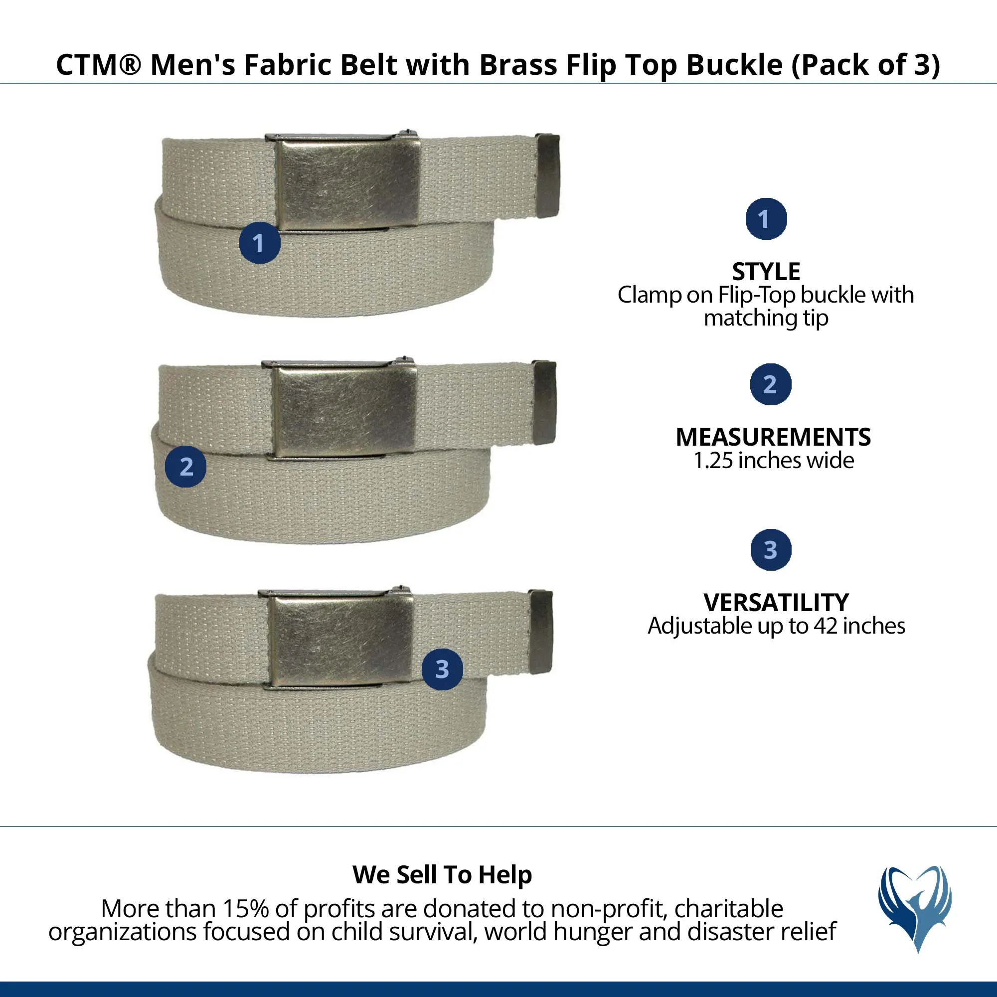 CTM® Men's Fabric Belt with Brass Flip Top Buckle (Pack of 3)