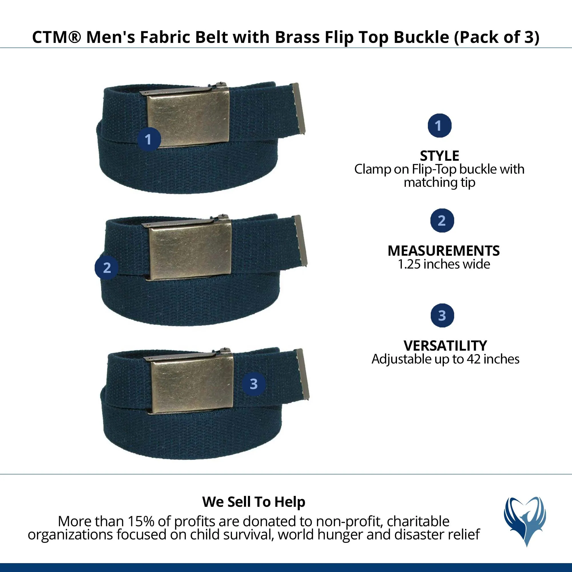 CTM® Men's Fabric Belt with Brass Flip Top Buckle (Pack of 3)