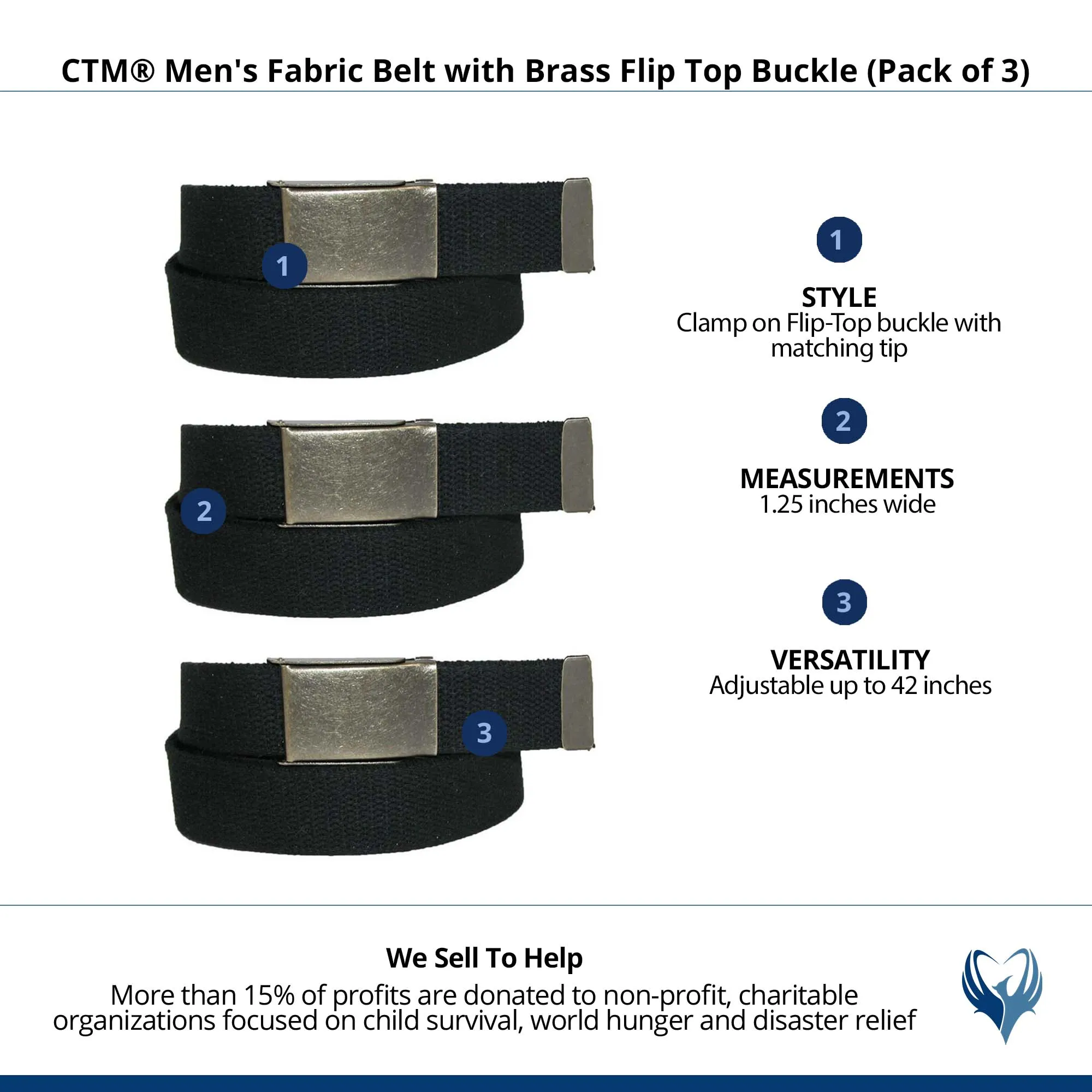 CTM® Men's Fabric Belt with Brass Flip Top Buckle (Pack of 3)