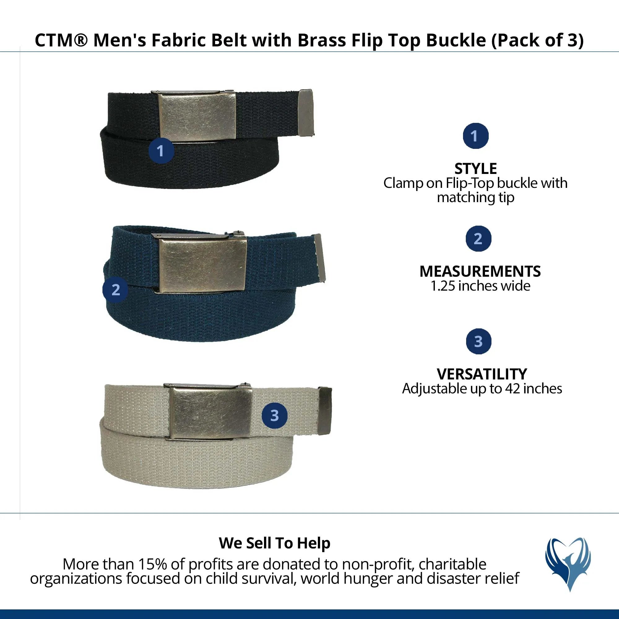 CTM® Men's Fabric Belt with Brass Flip Top Buckle (Pack of 3)