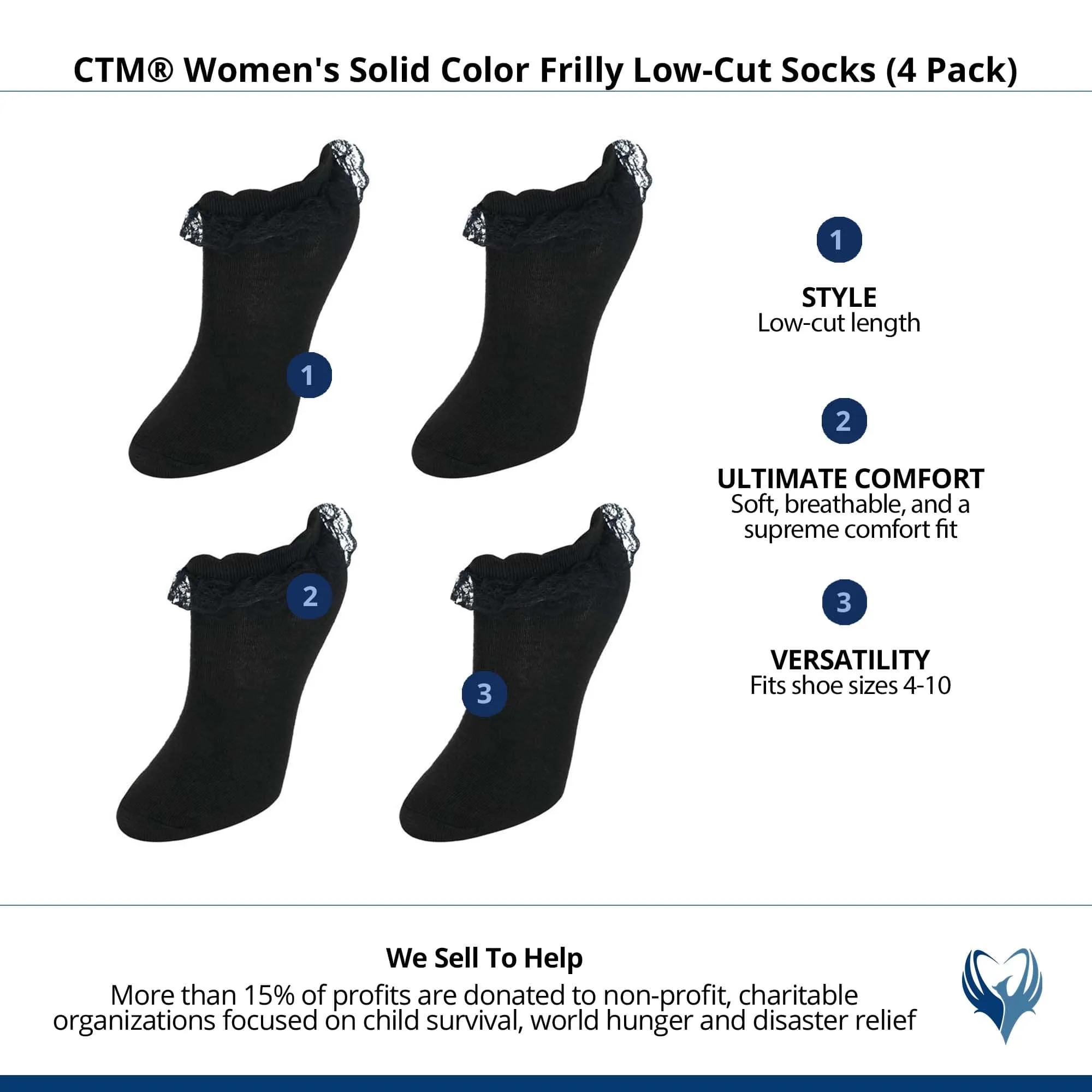 CTM® Women's Solid Color Frilly Low-Cut Socks (4 Pack)