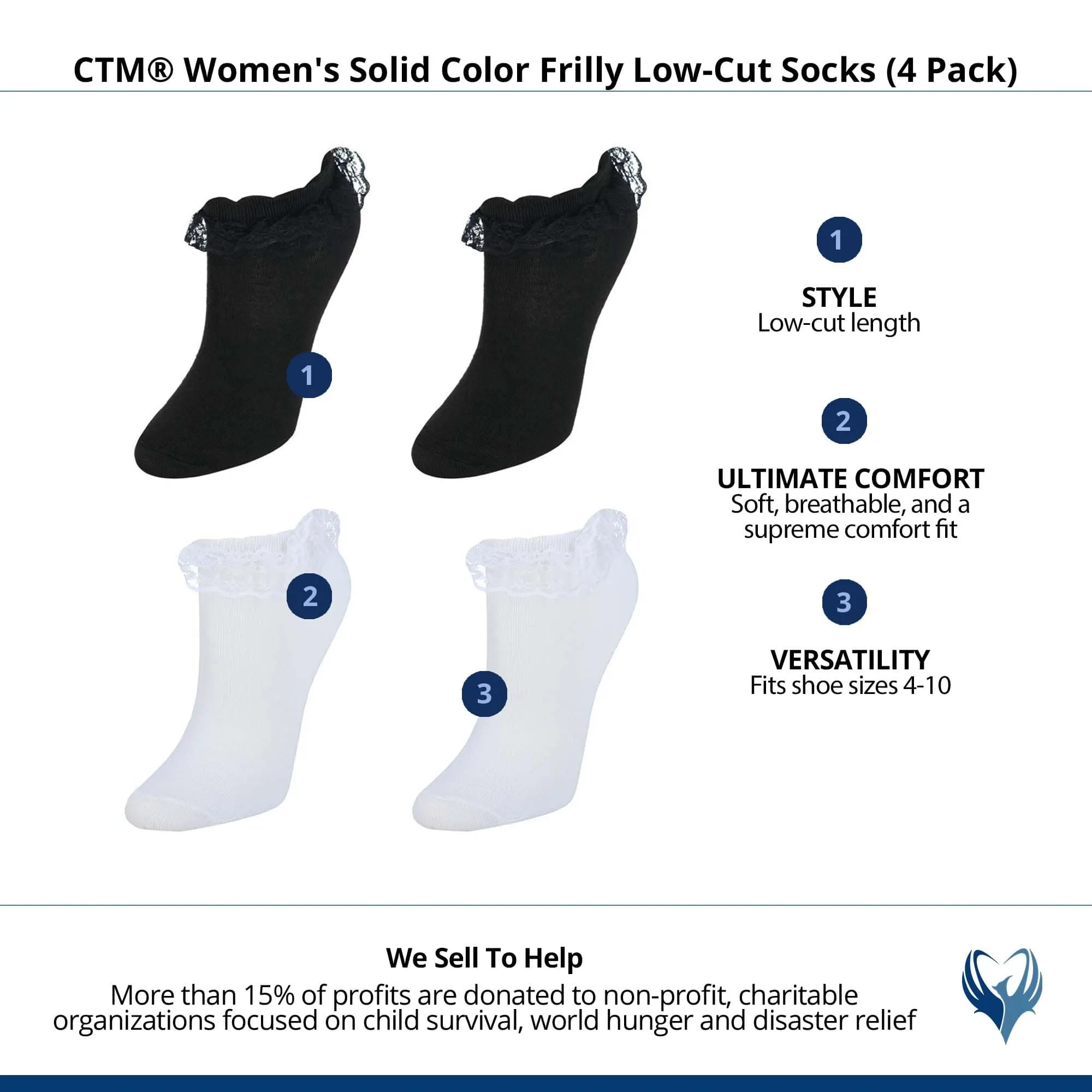 CTM® Women's Solid Color Frilly Low-Cut Socks (4 Pack)