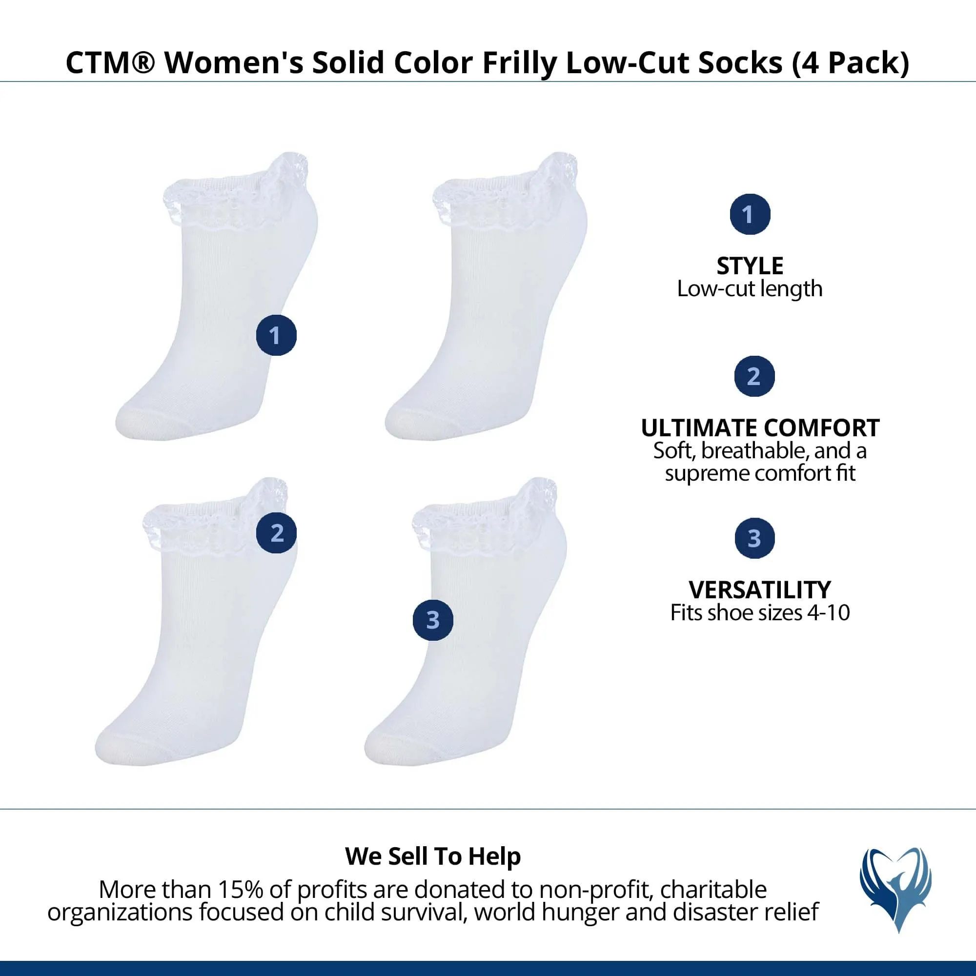 CTM® Women's Solid Color Frilly Low-Cut Socks (4 Pack)