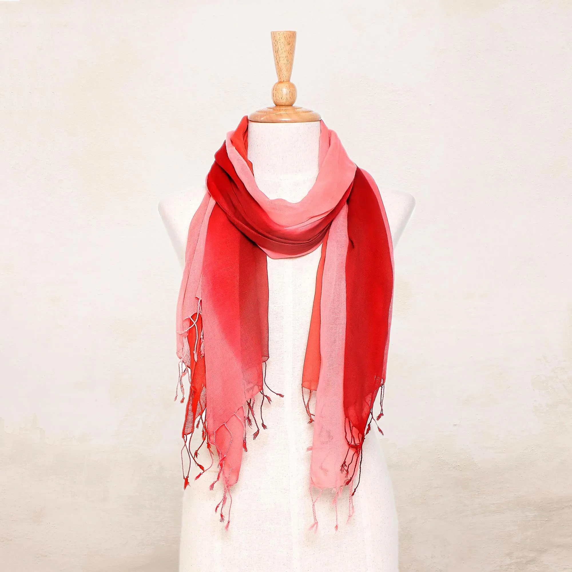 Delightful Breeze in Red Cotton Wrap Scarves in Red Pink and Orange (Pair)