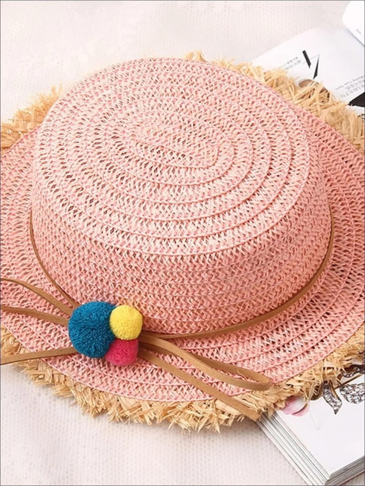 Girls Straw Hat with Leather Strap and Pom Poms