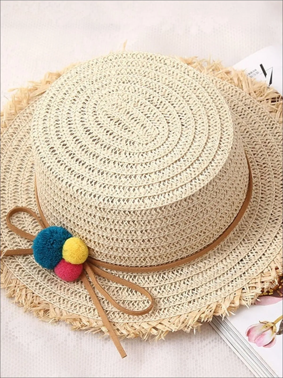 Girls Straw Hat with Leather Strap and Pom Poms