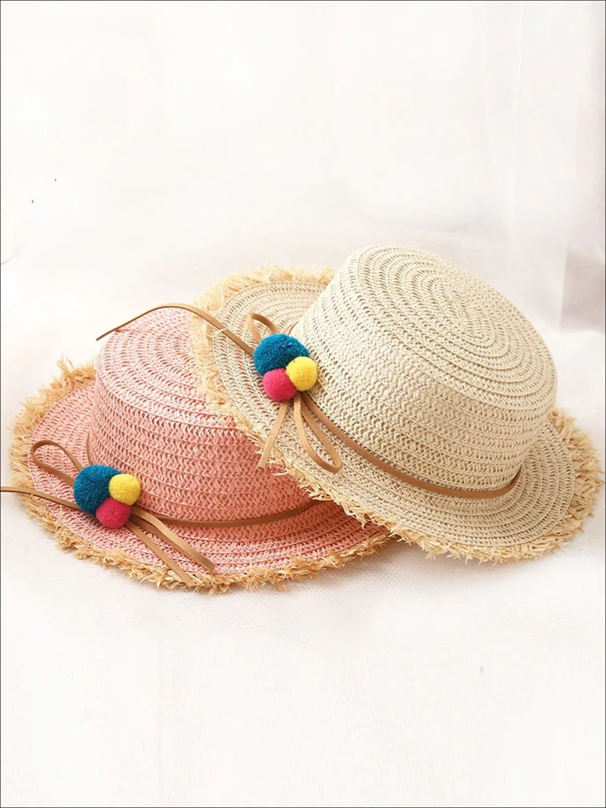 Girls Straw Hat with Leather Strap and Pom Poms