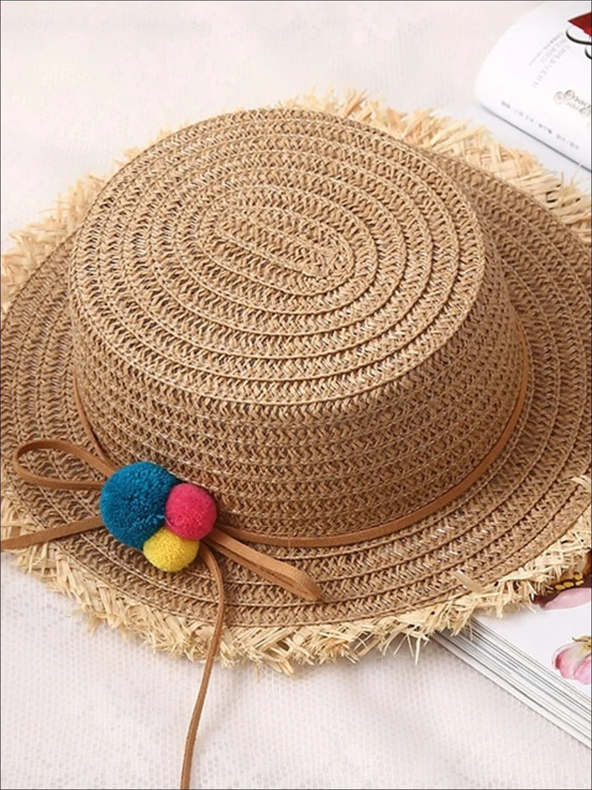 Girls Straw Hat with Leather Strap and Pom Poms