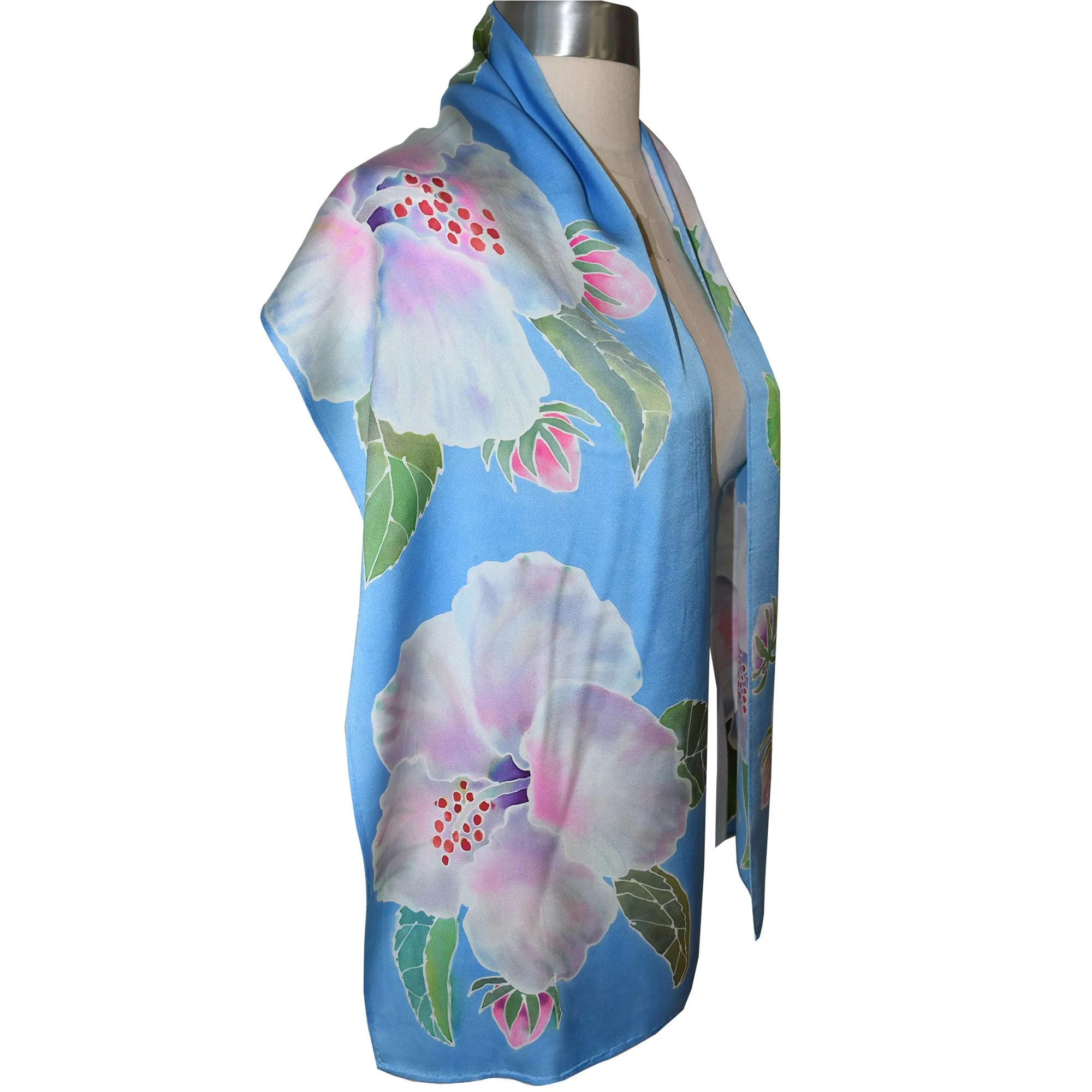 Luxurious Handpainted Hibiscus Floral Charmeuse Silk Scarf/Shawl