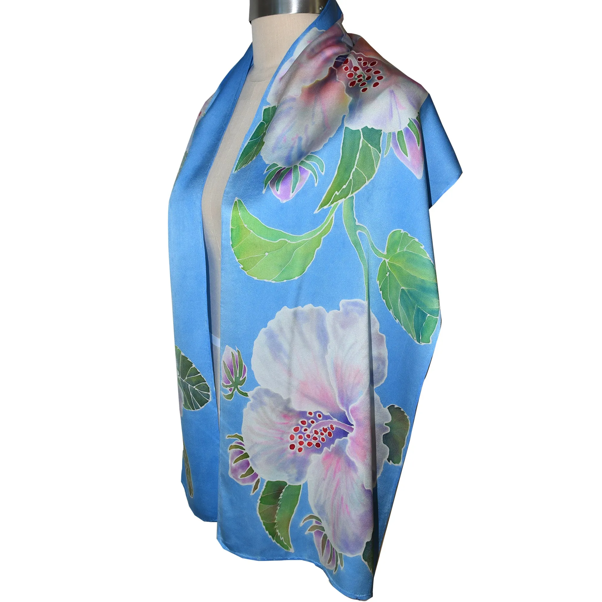 Luxurious Handpainted Hibiscus Floral Charmeuse Silk Scarf/Shawl