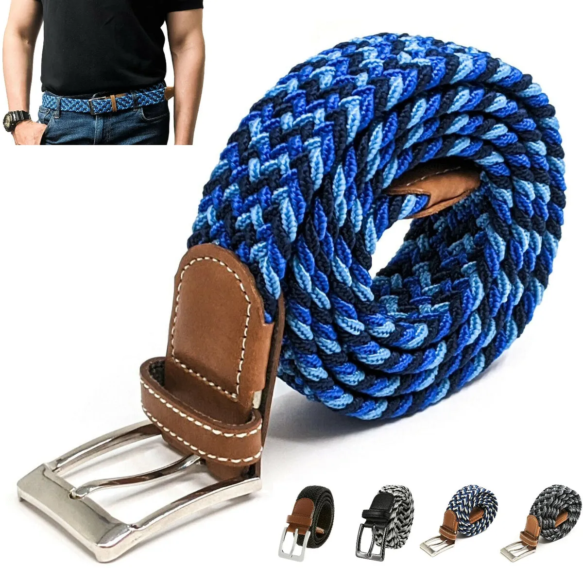 MROYALE™ Braided Canvas Belt | Elastic Stretch, Woven Fabric Men's Belt w/ Metal Buckle