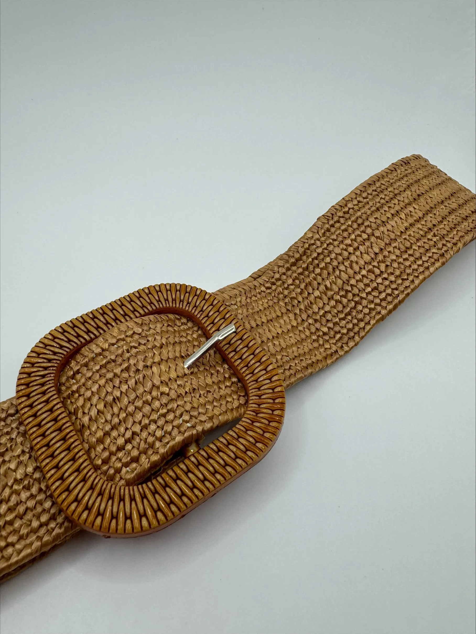 Poppy Faux Rattan Weave Stretch Camel Belt