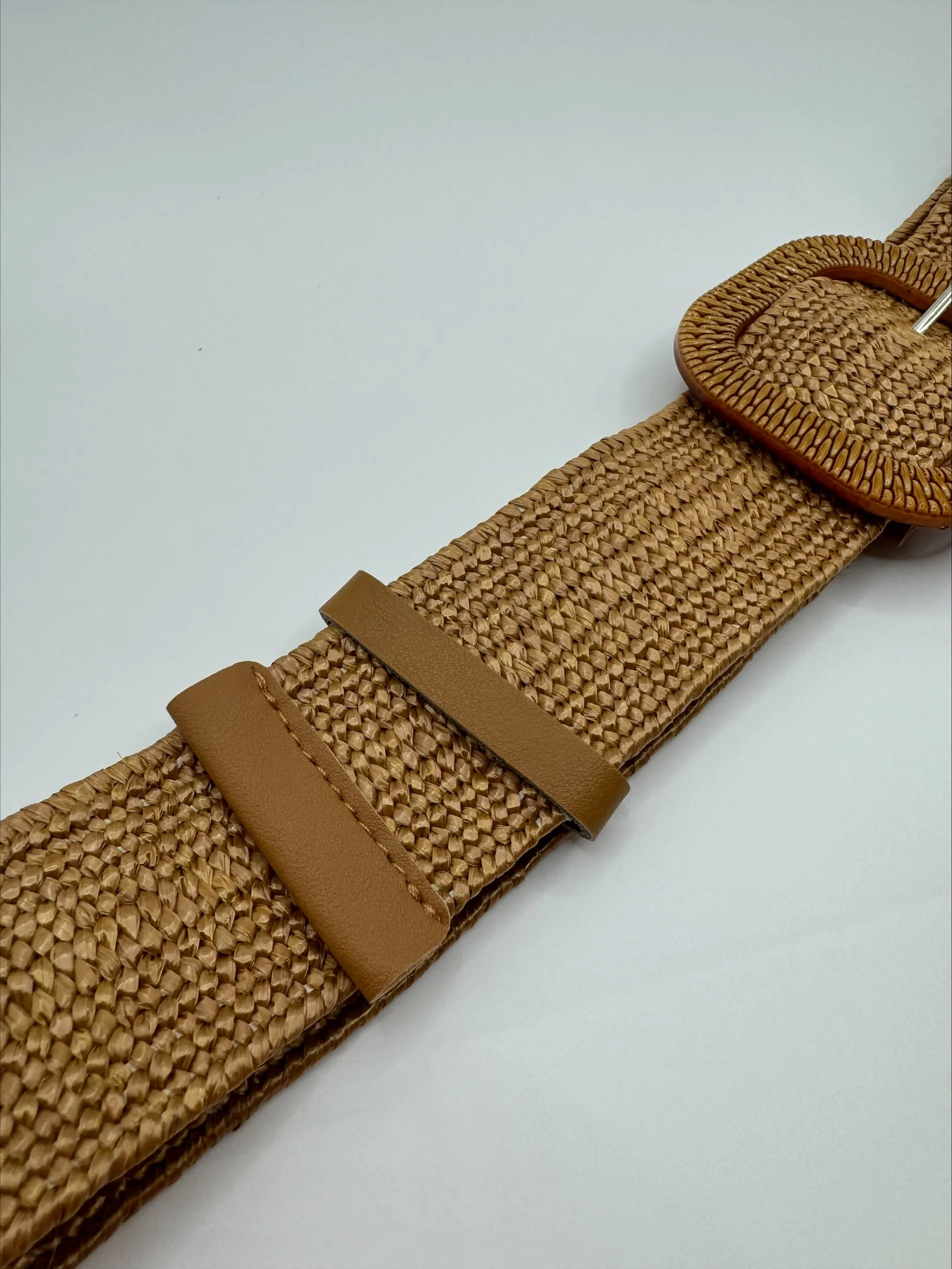 Poppy Faux Rattan Weave Stretch Camel Belt