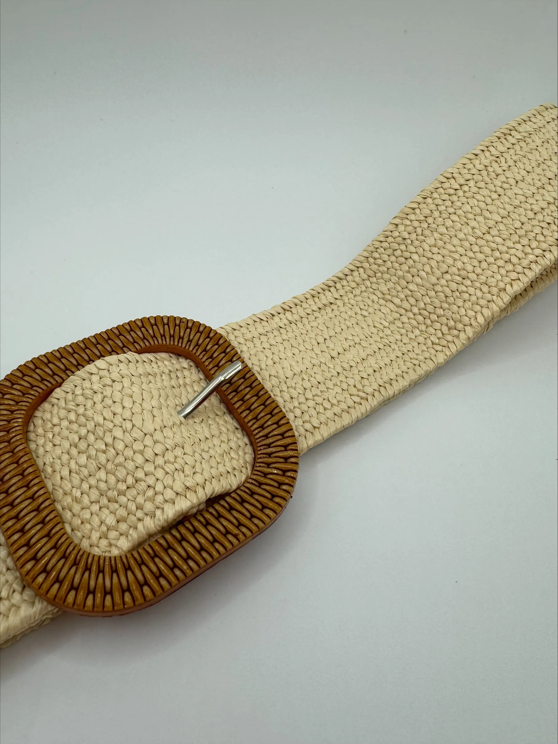 Poppy Faux Rattan Weave Stretch Cream Belt