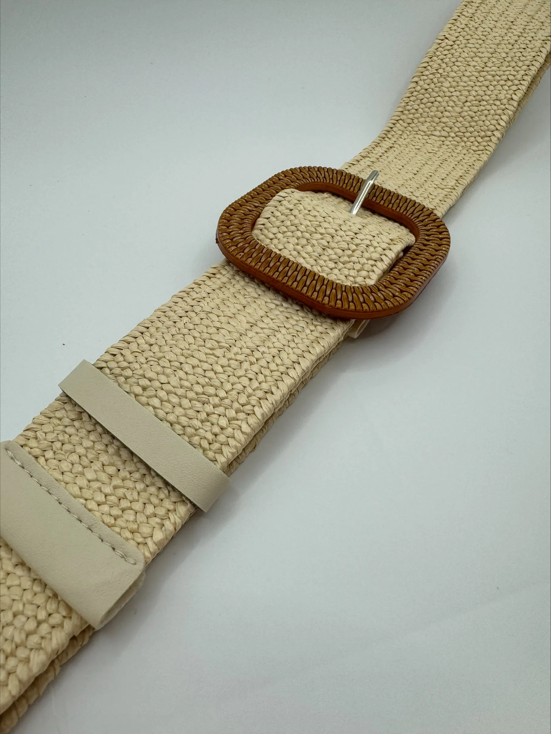 Poppy Faux Rattan Weave Stretch Cream Belt