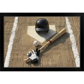 "Baseball, bat, batting gloves and baseball helmet at home plate" Black Framed Print