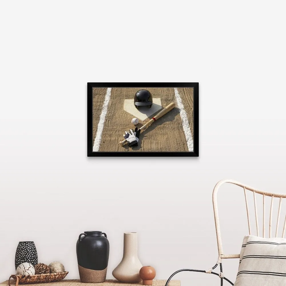 "Baseball, bat, batting gloves and baseball helmet at home plate" Black Framed Print