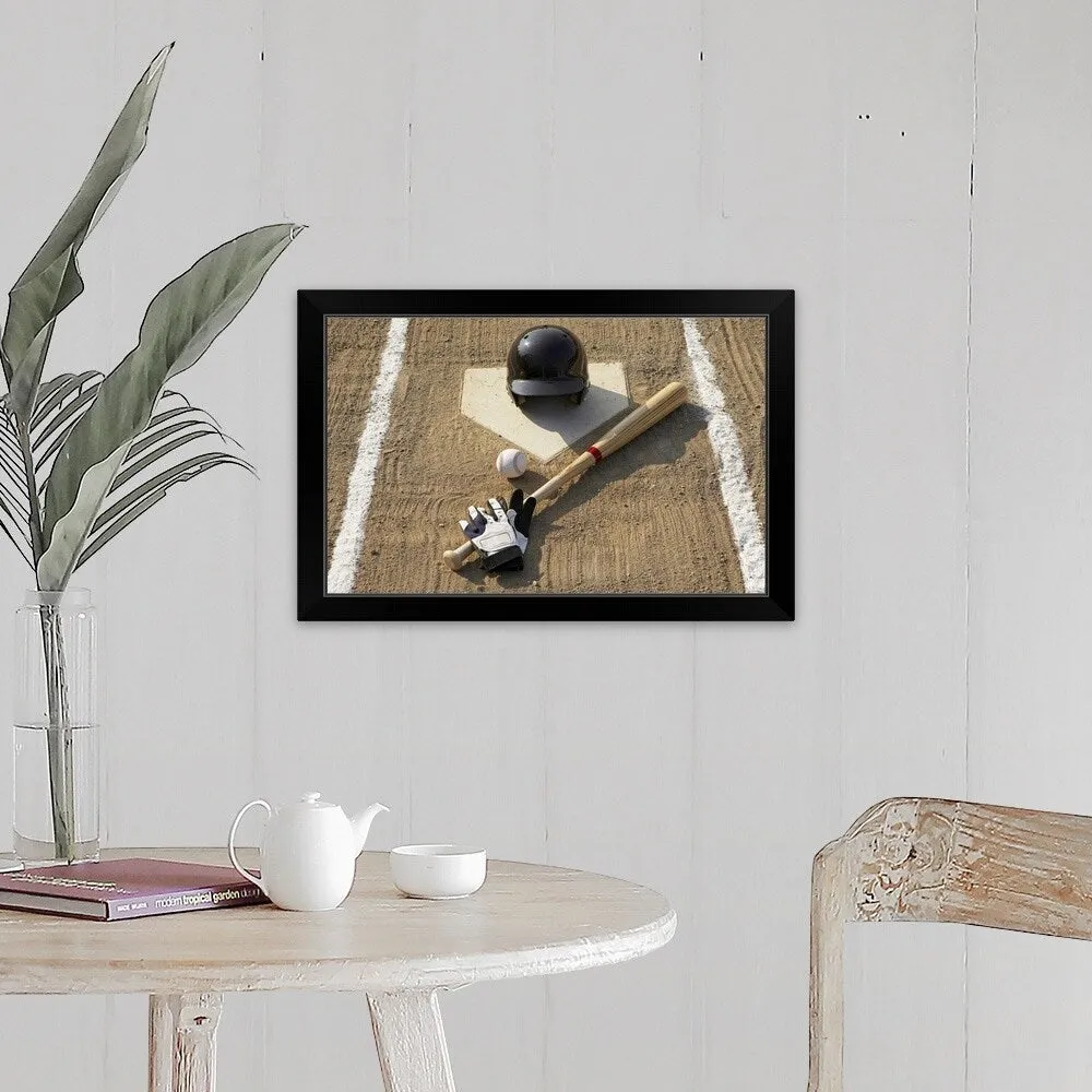 "Baseball, bat, batting gloves and baseball helmet at home plate" Black Framed Print