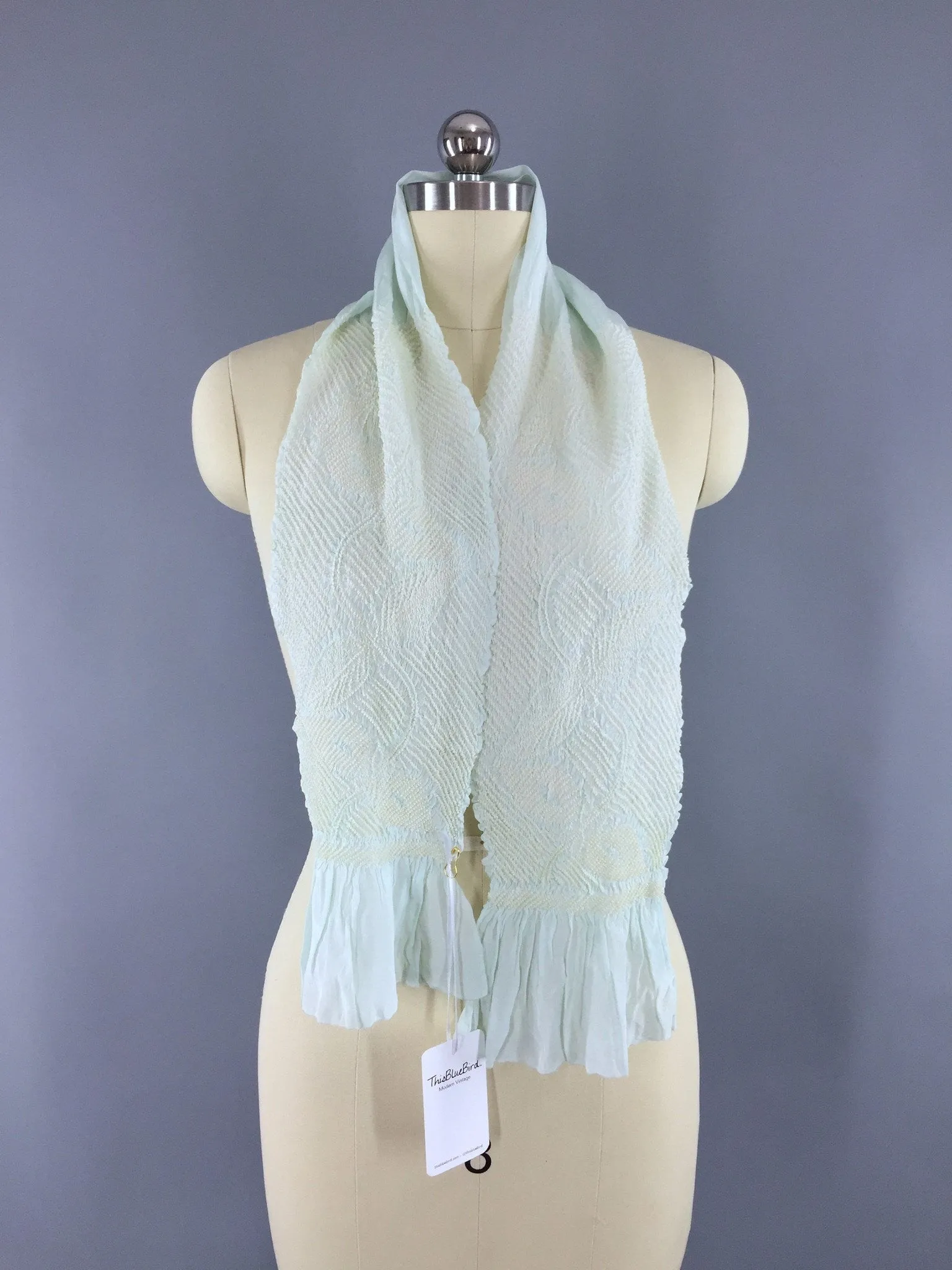 Vintage 1960s Silk Kimono Obiage Scarf in Sea Green and White Shibori