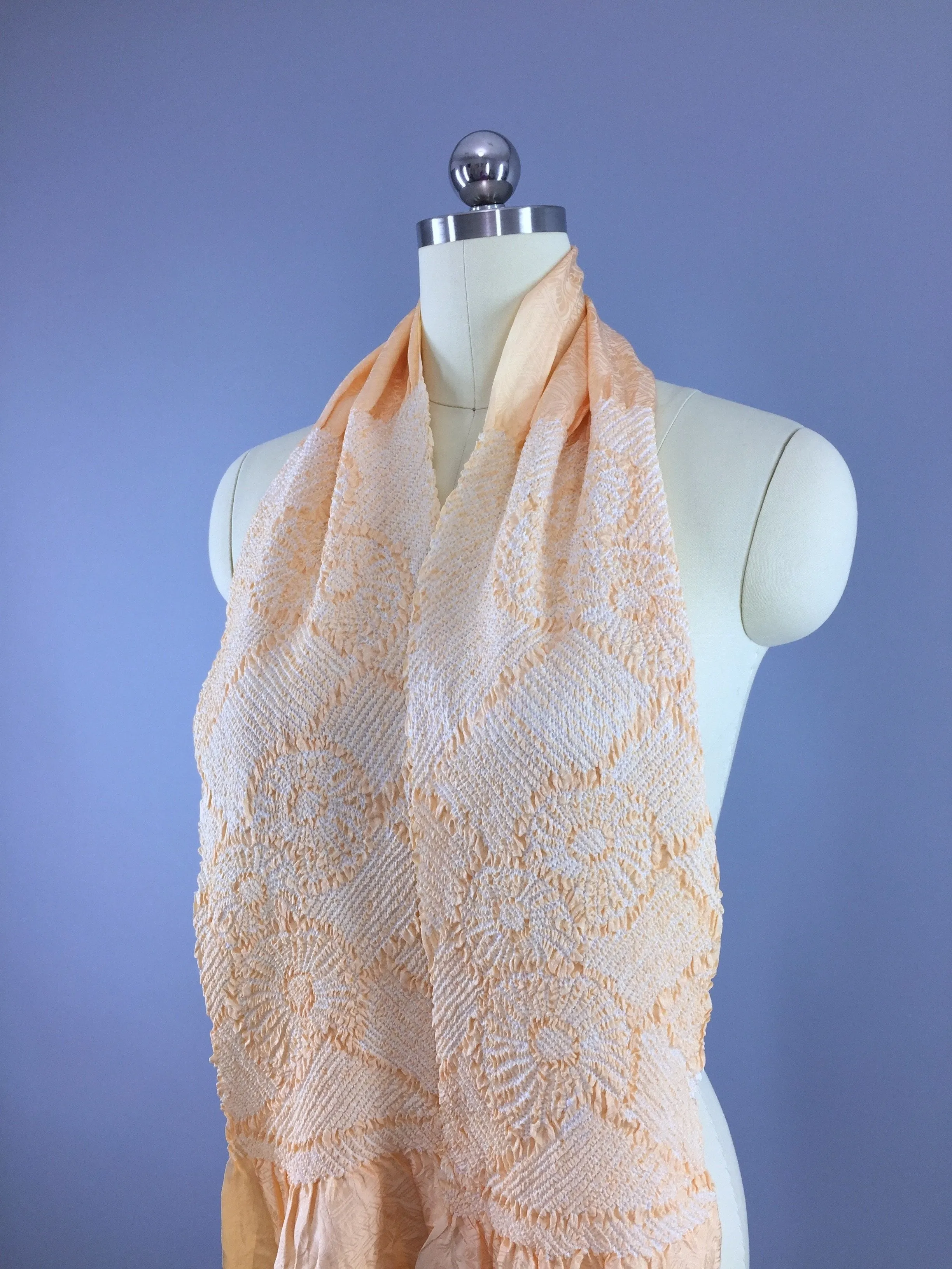 Vintage 1960s Silk Scarf Kimono Obiage / Peach White Shibori