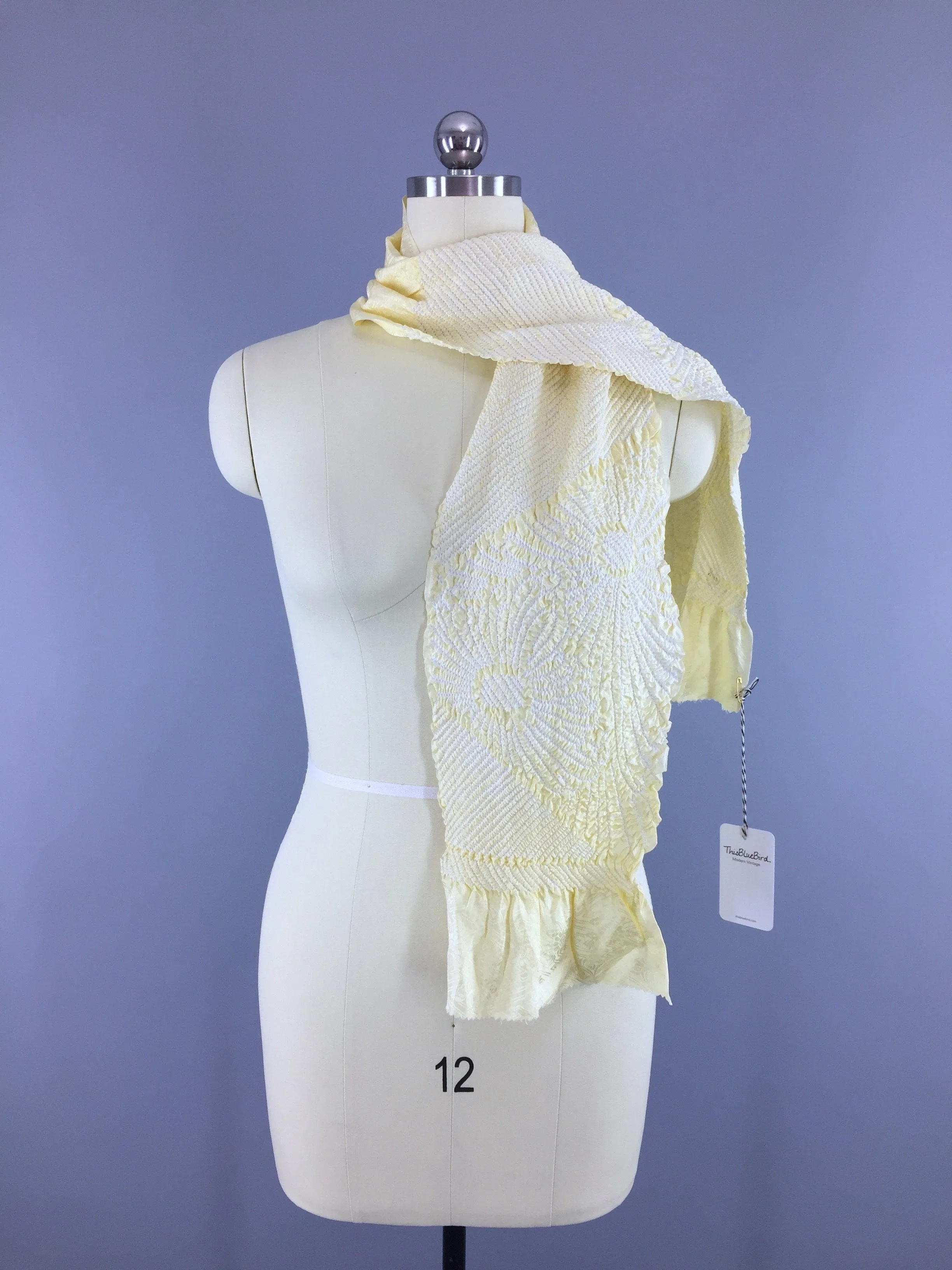 Vintage 1960s Silk Scarf Kimono Obiage / Yellow & White Shibori