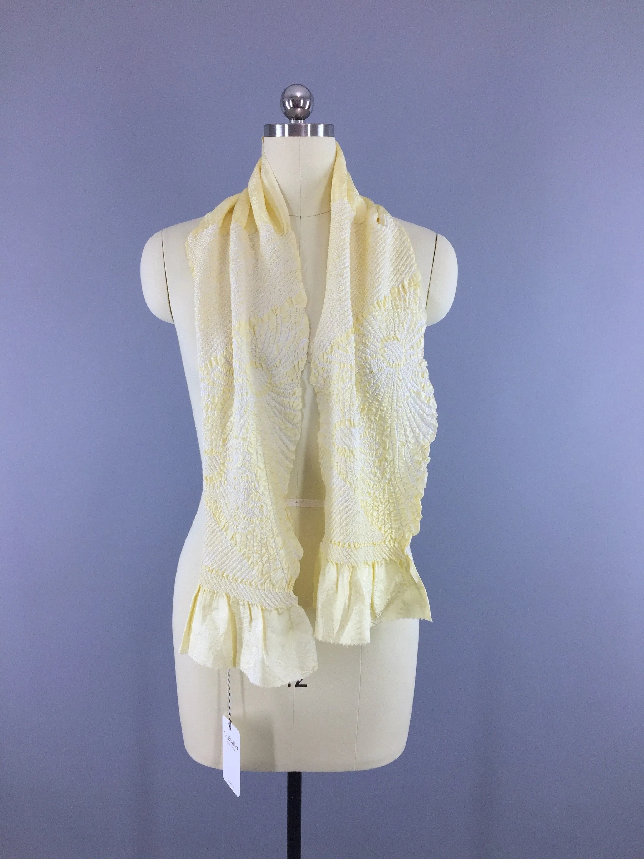 Vintage 1960s Silk Scarf Kimono Obiage / Yellow & White Shibori