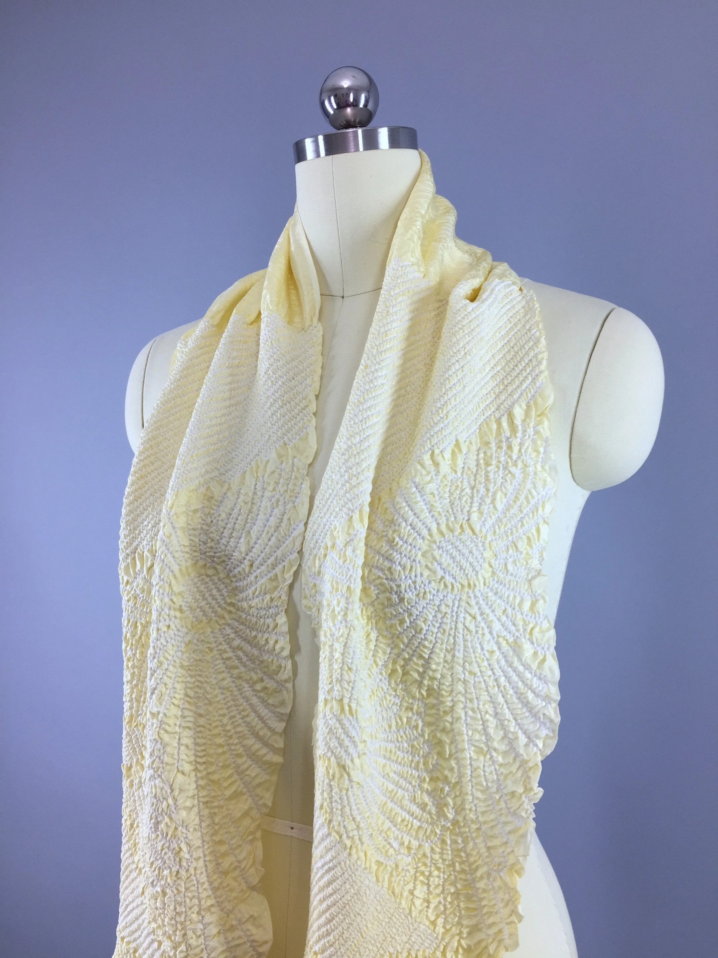 Vintage 1960s Silk Scarf Kimono Obiage / Yellow & White Shibori