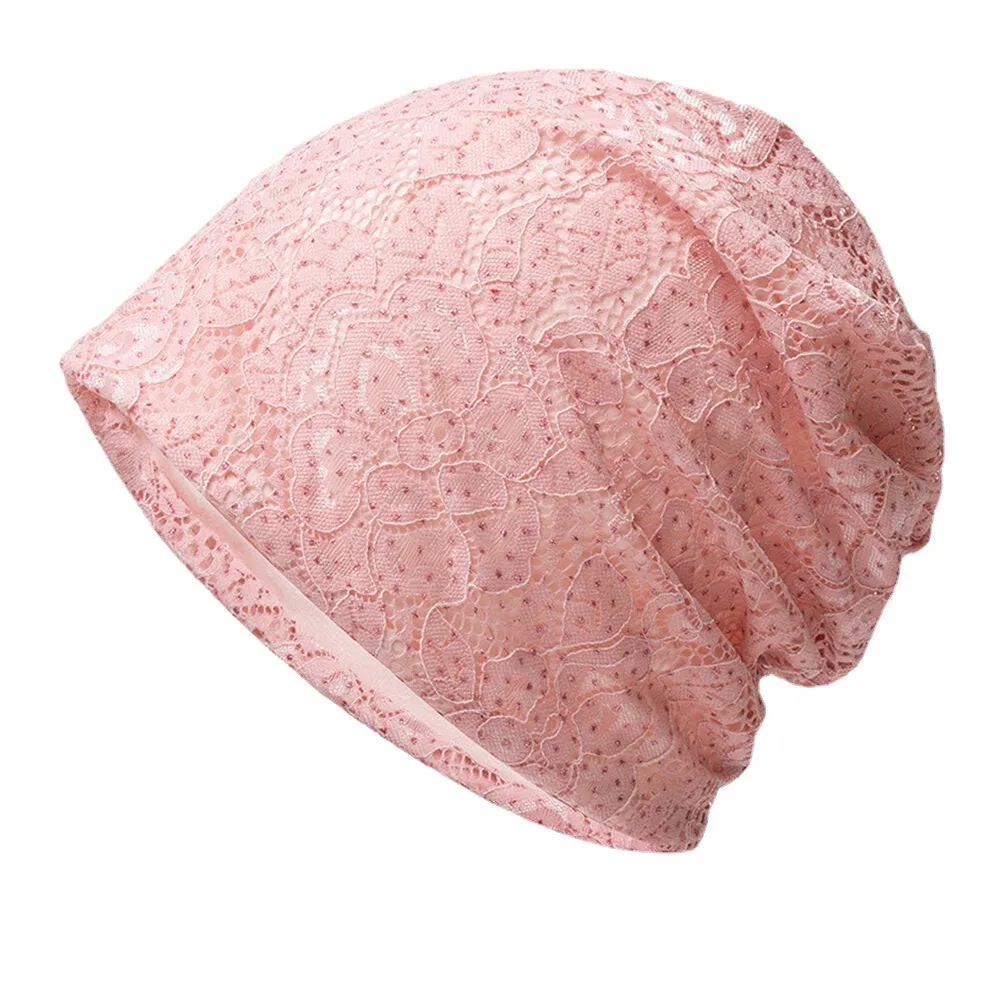 Women Lace Rhinestone Flower Pattern Baotou Hat Casual Wild Breathable Comfortable Beanie Hat