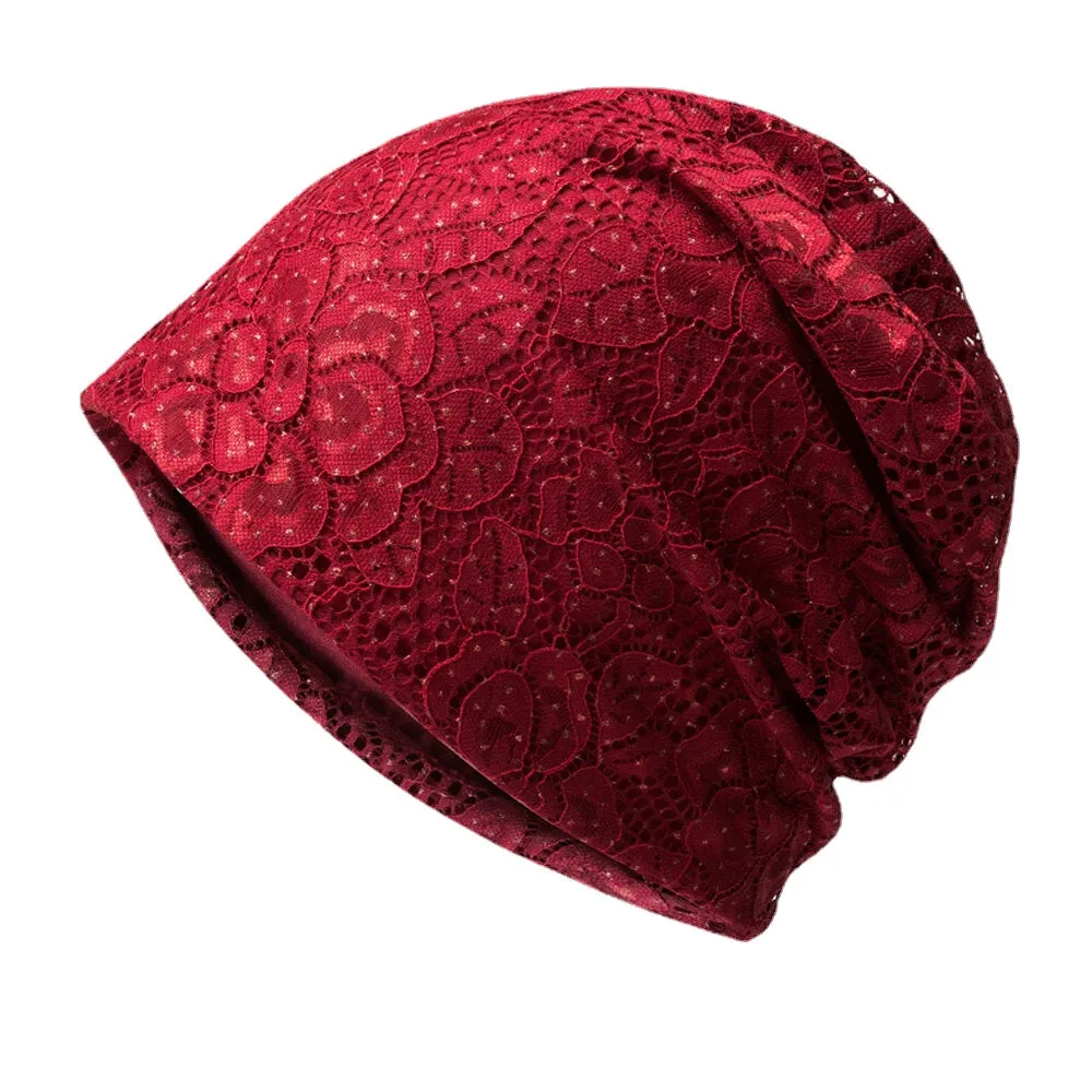 Women Lace Rhinestone Flower Pattern Baotou Hat Casual Wild Breathable Comfortable Beanie Hat